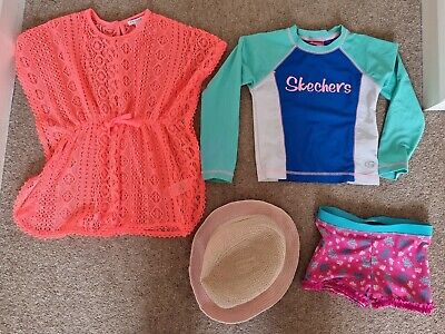 Girls age 3-4 beach bundle 4 items inc Skechers rash vest, M&S hat, cover up