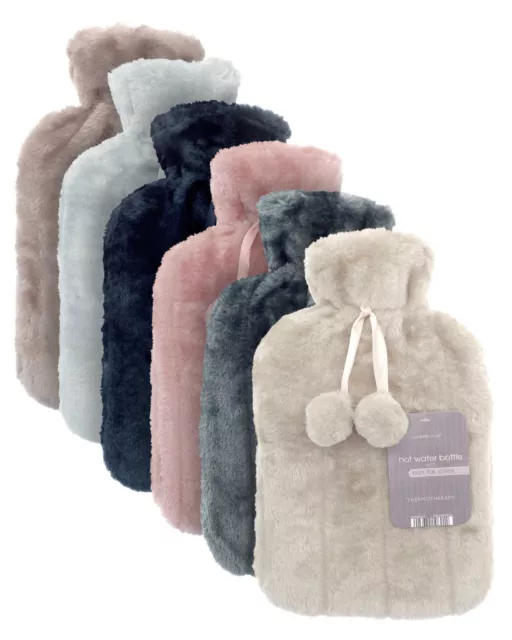 Luxury Cosy Faux Fur Pom Pom Hot Water Bottle - 2 Litre