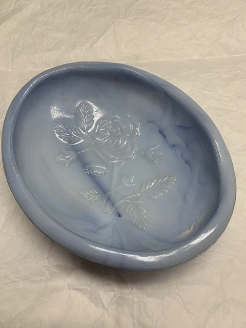 Vintage Avon Raised Blue Milk Slag Glass Rose Oval Victorian Soap Dish May 1978