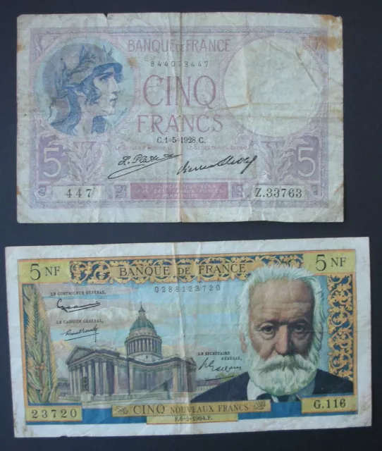 FRANCE 2 billets de 5 Francs 1.5.1928 et 6.5.1964 Violet et Victor Hugo