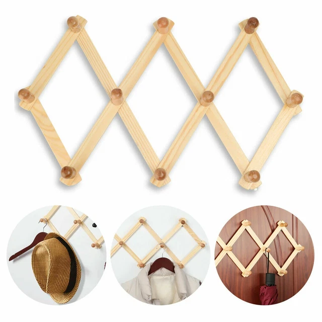 13 HOOK WOODEN Expandable Coat Rack WallMounted Accordion Hanger Hat