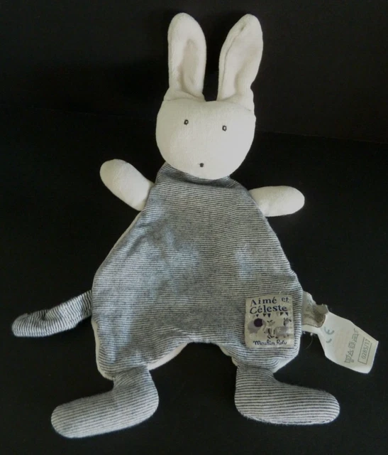 1m. Doudou plat MOULIN ROTY LAPIN AIME et CELESTE gris rayé bleu étoile - TTBE