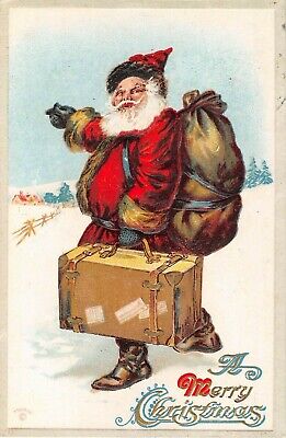 1911 Red Robe Santa with Bag of Toys & Suitcase Christmas Greetings post card