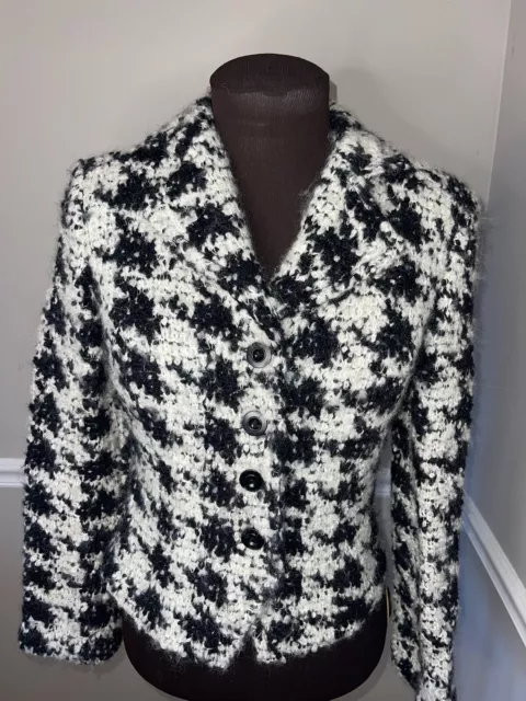 St. John Blazer Suit Jacket Womens Sz 4 Knit Wool Blend Black White Houndstooth