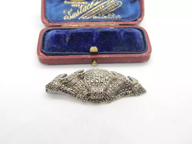 Sterling Silver & Marcasite Set Ribbon Form Brooch Antique c1930 Art Deco