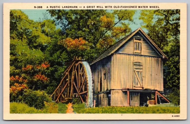 Rustic Landmak Grist Mill Old Fashioned Water Wheel Linen Postcard UNP VTG