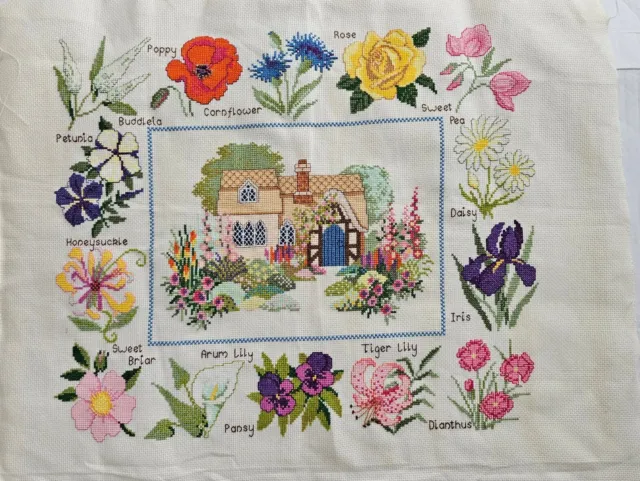 Vintage Hand Embroidered Cross Stitch Cottage/Flowers, Completed, Excellent work