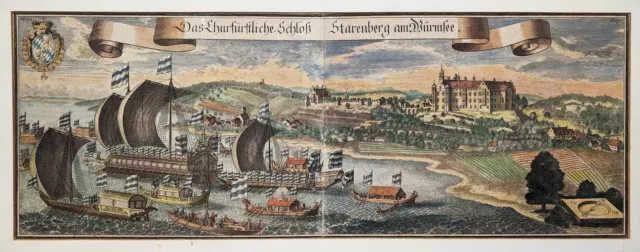 Schloß Starnberg Bucentaur Oberbayern Bayern Ansicht Kupferstich Wening 1700
