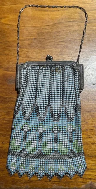 1920s Deco Whiting & Davis Enamel Mesh Purse #A8 Blue Green