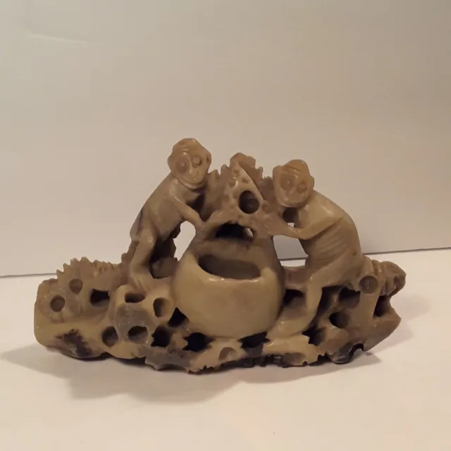 Vintage Chinese Carved Soapstone Monkey Figure Statue Vase