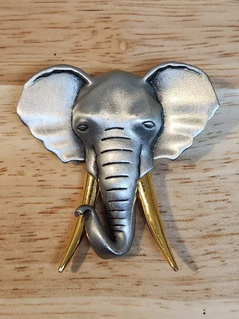 Vintage JJ Jonette Pewter Silver And Gold Tone Tusk 2 In Elephant Brooch Pin