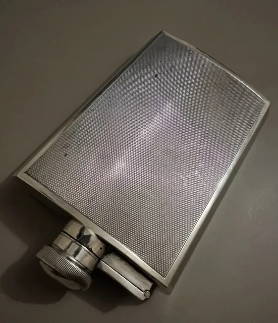 Large English Solid Silver Hip Flask Engine Turned Design