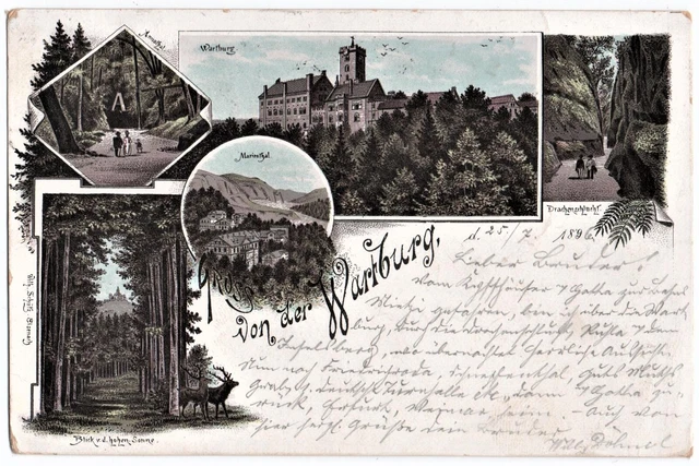 alte Litho-Ak Eisenach, Gruss von der Wartburg, gelaufen 1896