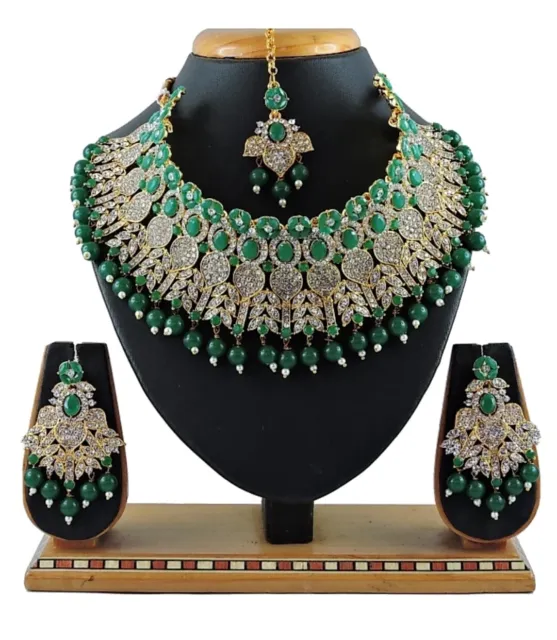 Green Pearl Ethnic Indian Traditional Wedding Gold Tone Diamond Jewelry Necklace