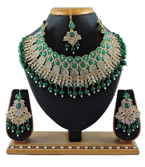 Green Pearl Ethnic Indian Traditional Wedding Gold Tone Diamond Jewelry Necklace