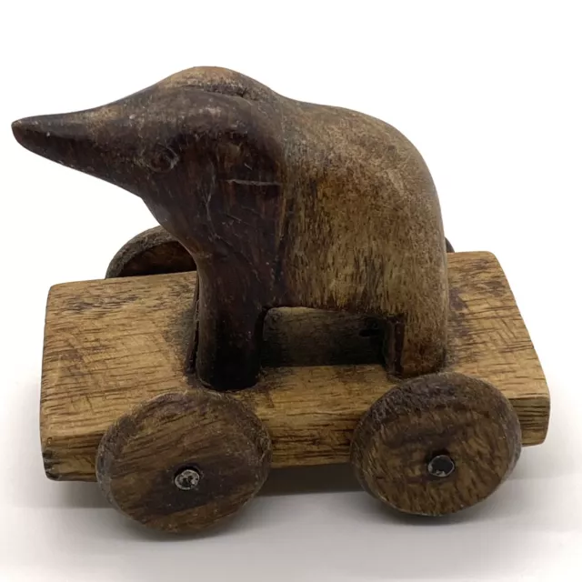 Small Wood Carved Primitive Elephant Figurine Replica Toy On Wheels￼