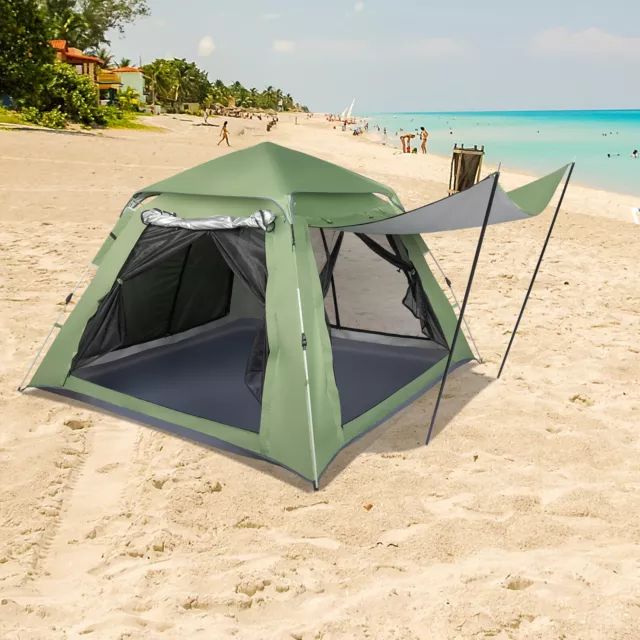US 4-Person Family Tent Camping Tent Outdoor Tent Green Waterproof w/ Sun Canopy