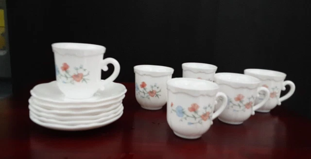 Lot De 6 Tasses à Café Arcopal – Evolution Pensées, Verre, 9cl, Made In France, Avec Soucoupes