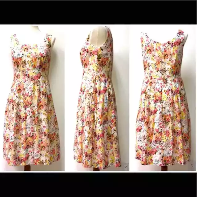 Vintage Dress 8P Cottagecore Floral Retro Orange Yellow Pink Tiny Flower…