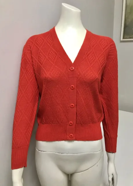 Original Vintage 60s Cardigan Knit Coral Orange , Small Size ,Retro Mod GoGo