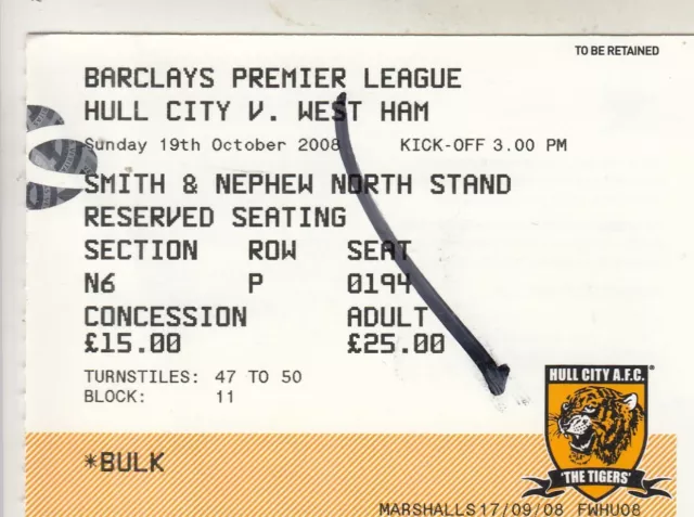 Ticket - Hull City v West Ham United 19.10.08