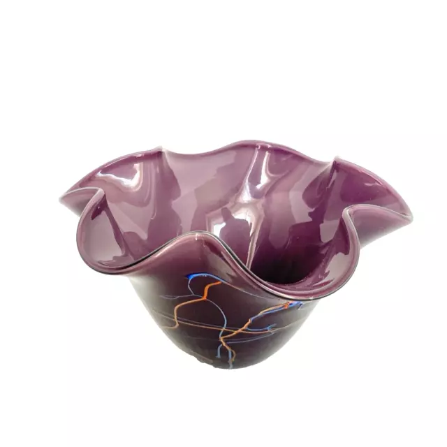Viz Glass Art Bowl Studio Scalloped Edge Purple Hand Blown Ruffled Handkerchief