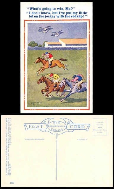 Donald McGill alte Postkarte Pferderennkurs Put My Lot Jockey mit roter Kappe 1773