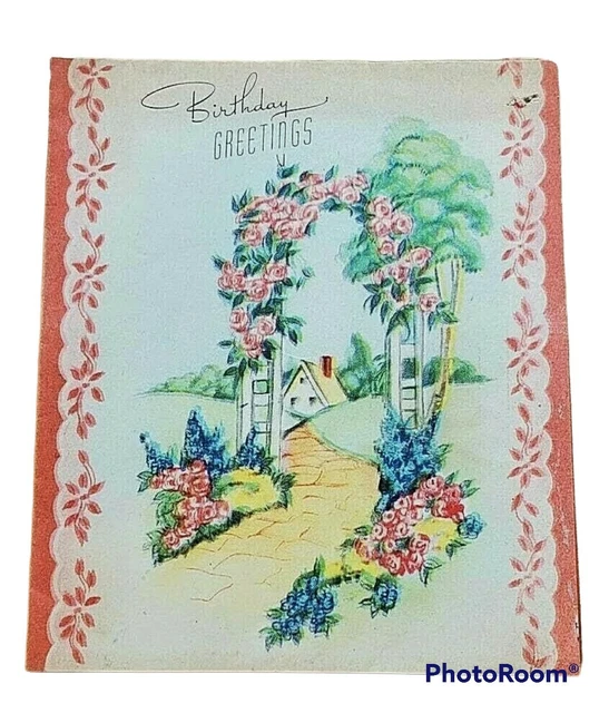 Birthday Greetings Card Vintage Flowers Arch Roadway