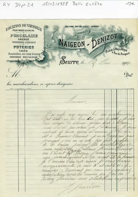 Dépt 21 - Seurre Rue de la République - Belle Entête Location de Vaisselle 1928