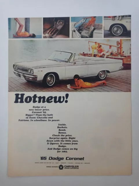 1965 Chrysler DODGE CORONET White Convertible Vintage Print Ad 1960's