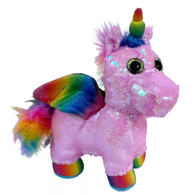 LICORNE 30CM AVEC Ailes Peluche Paillettes R versible Rose