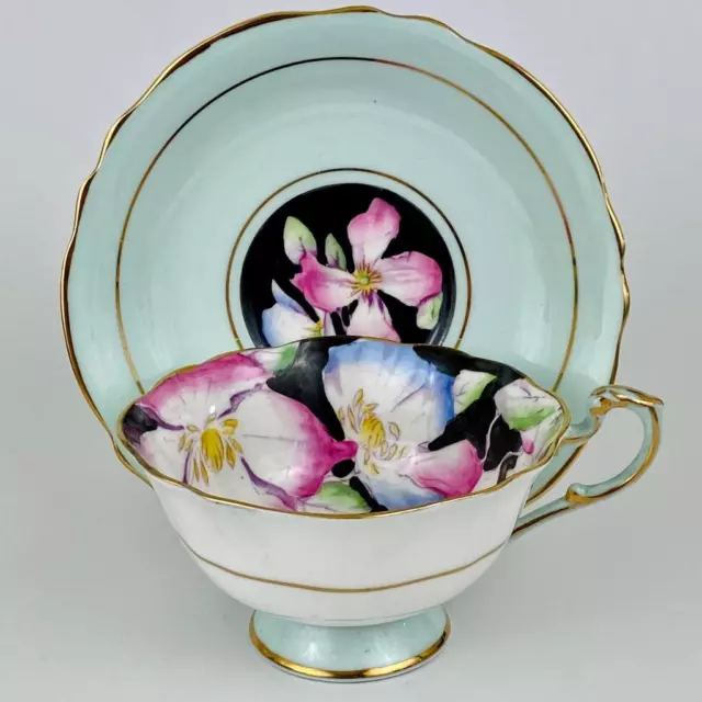 Antique Paragon Black Primrose Tea Cup & Saucer c1939 Gilt Chintz Porcelain