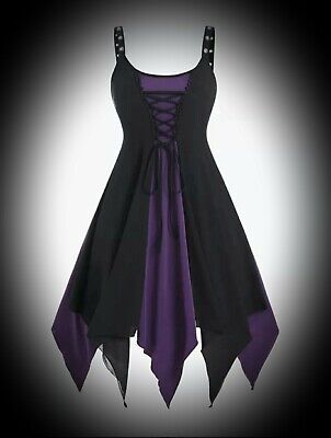 New Purple/Black Gothic Corset Front Hanky Hem Long Maxi Dress size XL 18 20 22