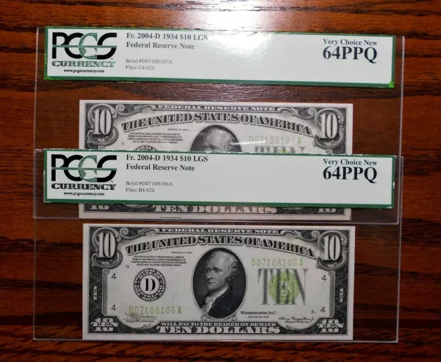 1934 $10 Federal Reserve Notes 💲 2 consecutive (LGS) PCGS 64 PPQ