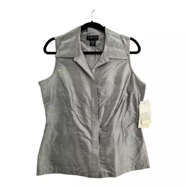 Finity Womens Button Up Shirt Metallic Silver Sleeveless Collar Silk 12 New