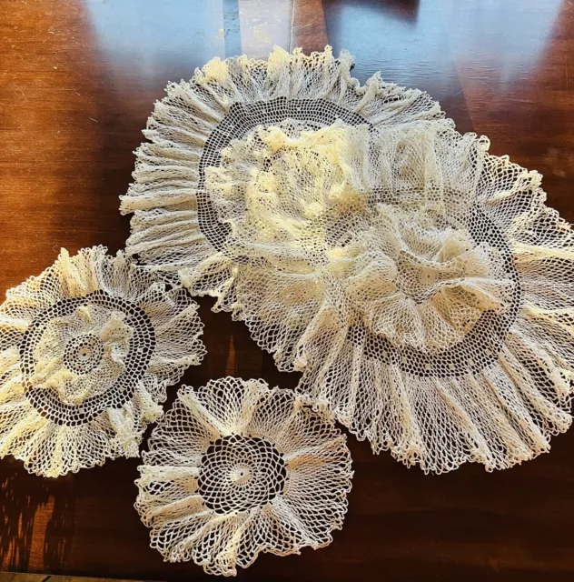 Vintage Hand, Crocheted doily lot round double ruffle two sizes off-white