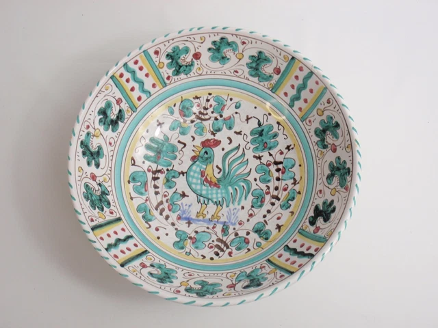 Majolica Deruta Pottery Rooster Bowl 9" Italy Green Yellow Red Signed ES 23