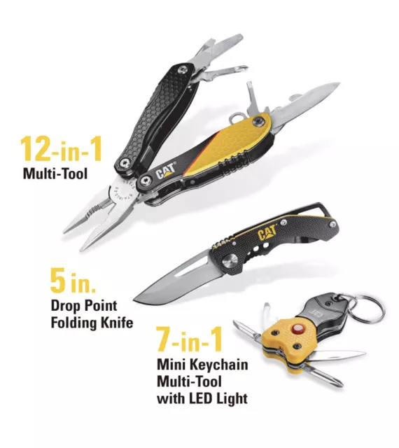 Cat 3 Piece 12-in-1 Multi-Tool, Knife, and Multi-Tool Key Chain Gift Box Set