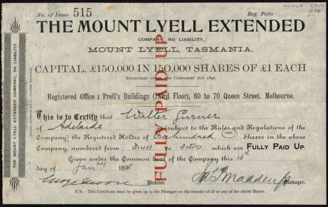 Mining - share certificates - Tasmania 1891-1898 - 3 pieces
