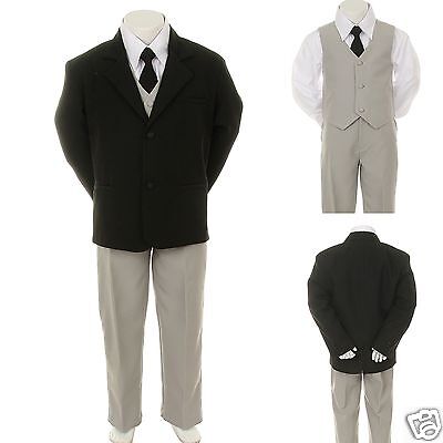 Boy Kid Child Formal Wedding Party 5pc Gray + Black Suit Tuxedo Vest Tie Set 5-7