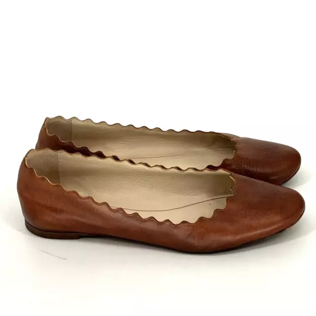 Chloe Lauren Ballet Flats Womens 9 EU 39 Brown Leather Round Toe Scalloped Shoes