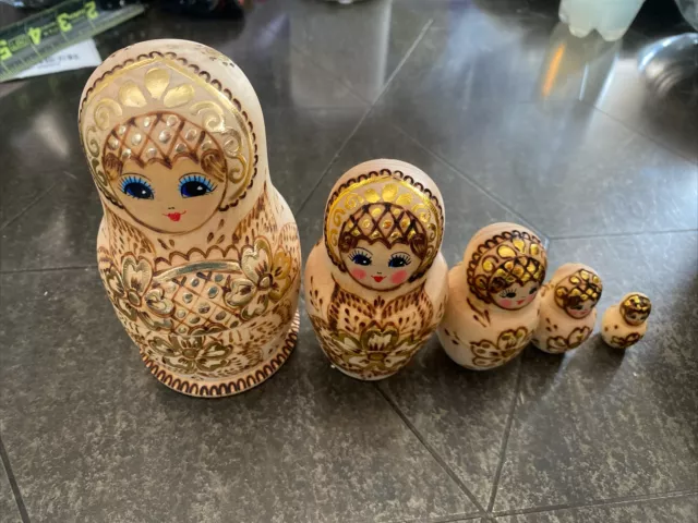 Beautiful Set Of 5 Hand Crafted Wooden Babushka Dolls