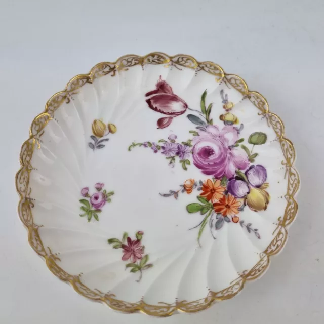 Vintage Dresden Fluted Porcelain Saucer Painted With Flowers #2