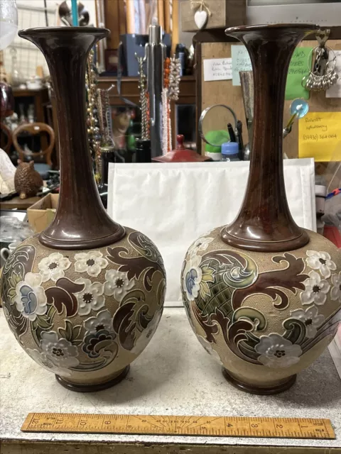 Antique Pair Royal Doulton Slater Tall Guord Vases Art Nouveau 15.5”