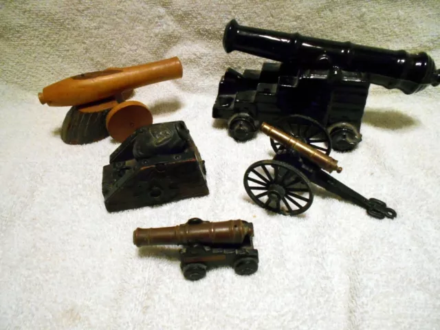 VTG Miniature Toy Replica Cannon Lot 5pc Wood Ceramic Cast Iron Brass Souvenir