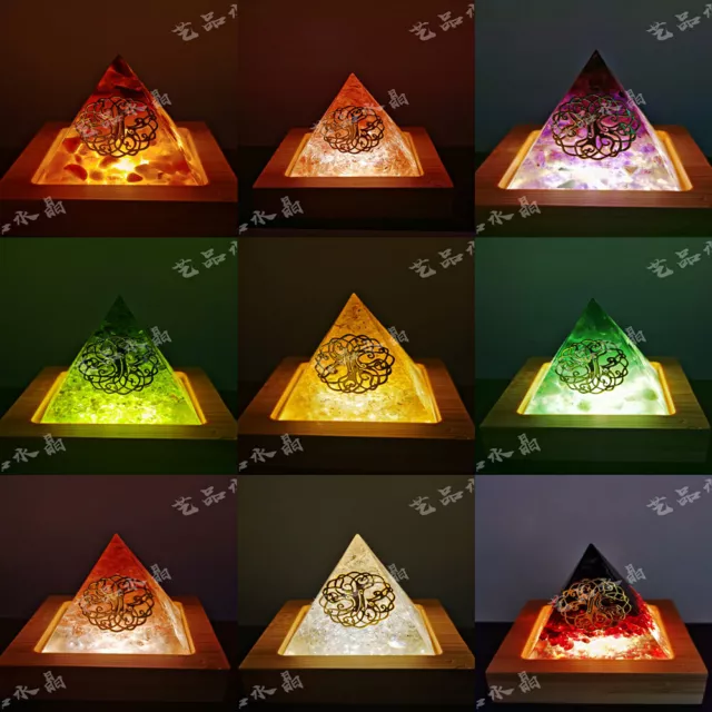 Crystal Orgone Pyramid Chakra Reiki Healing Orgonite Energy Stone+Lamp Holder