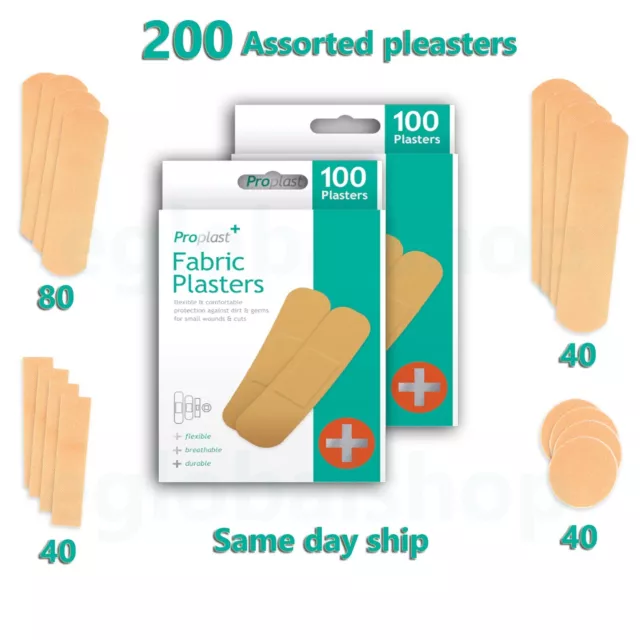 200 Assorted Fabric Plasters Breathable Flexible Adhesive FirstAid Wound Healing