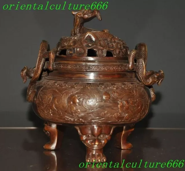 6.8"Chinese bronze Feng shui dragon loong beast statue Incense burner Censer