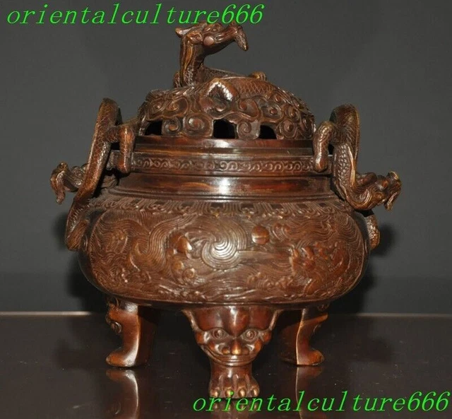 6.8"Chinese bronze Feng shui dragon loong beast statue Incense burner Censer
