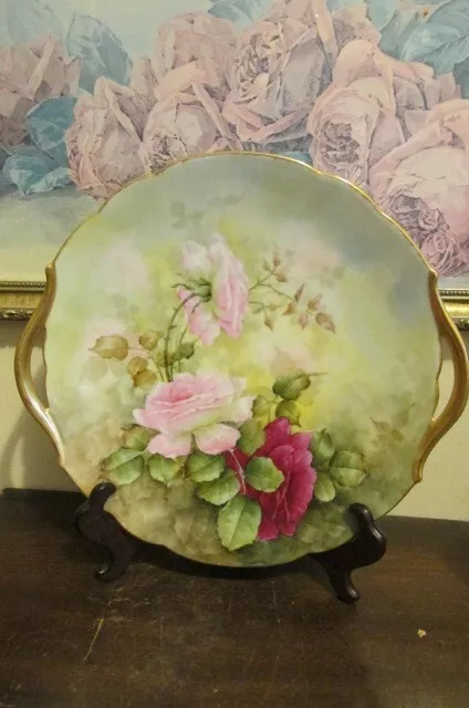 T & V Limoges France Hand Painted Charger Cake Plate Red Pink Roses Gold Signed